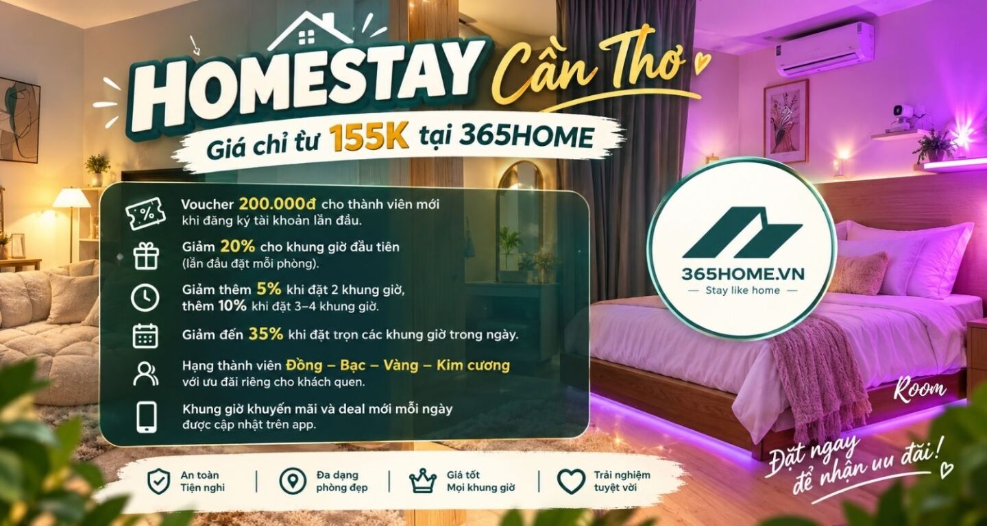 Homestay Cần Thơ giá rẻ từ 155K: Review 365Home đẹp 2026