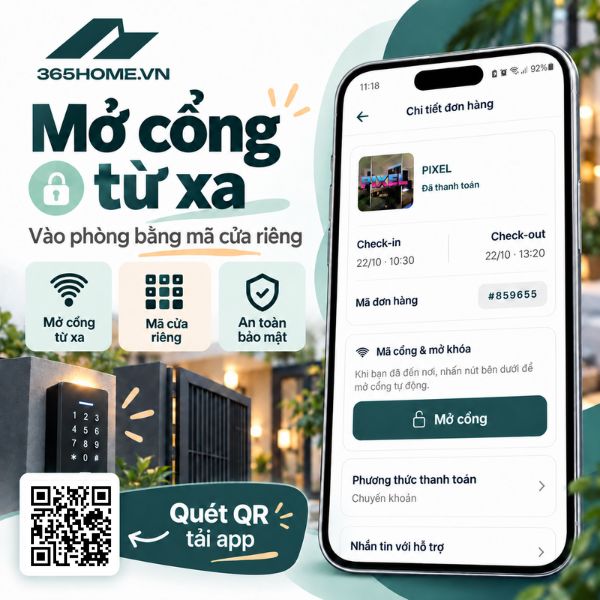 mở cổng từ xa trên app 365Home, homestay gần đây không lễ tân